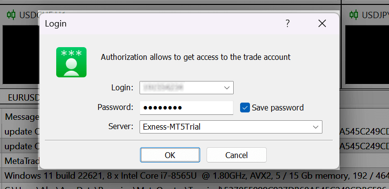 Connect Exness Account to MT5 on PC Login Form