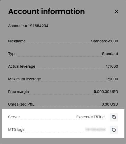 Connect Exness Account to MT5 on PC Account Information